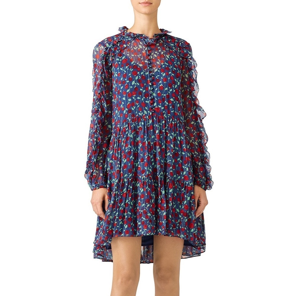 The Kooples Rosa Romantic Floral Ruffle Tiered Mini Dress M Blue Parisian French
